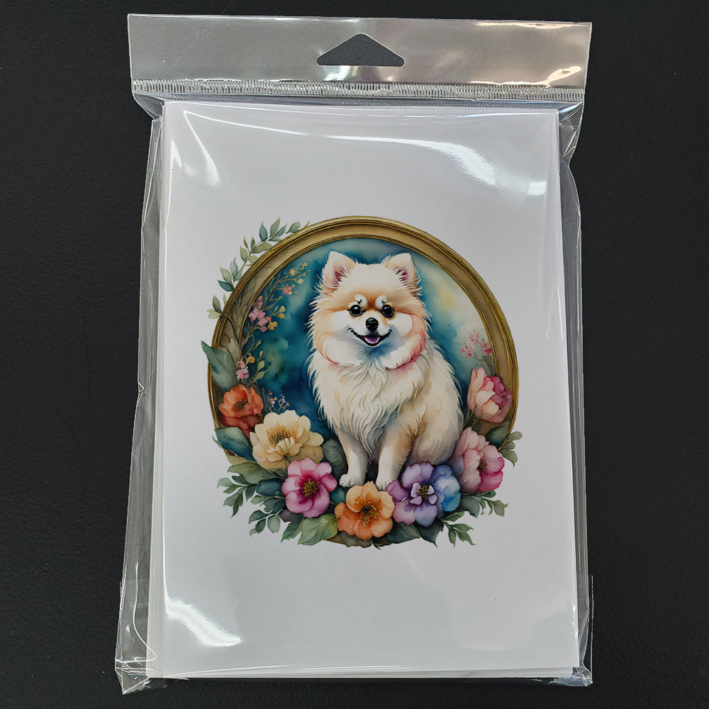 Pomeranian and Flowers Greeting Cards and Envelopes Pack of 8