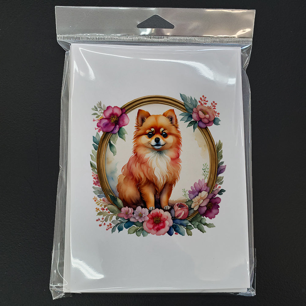 Pomeranian and Flowers Greeting Cards and Envelopes Pack of 8