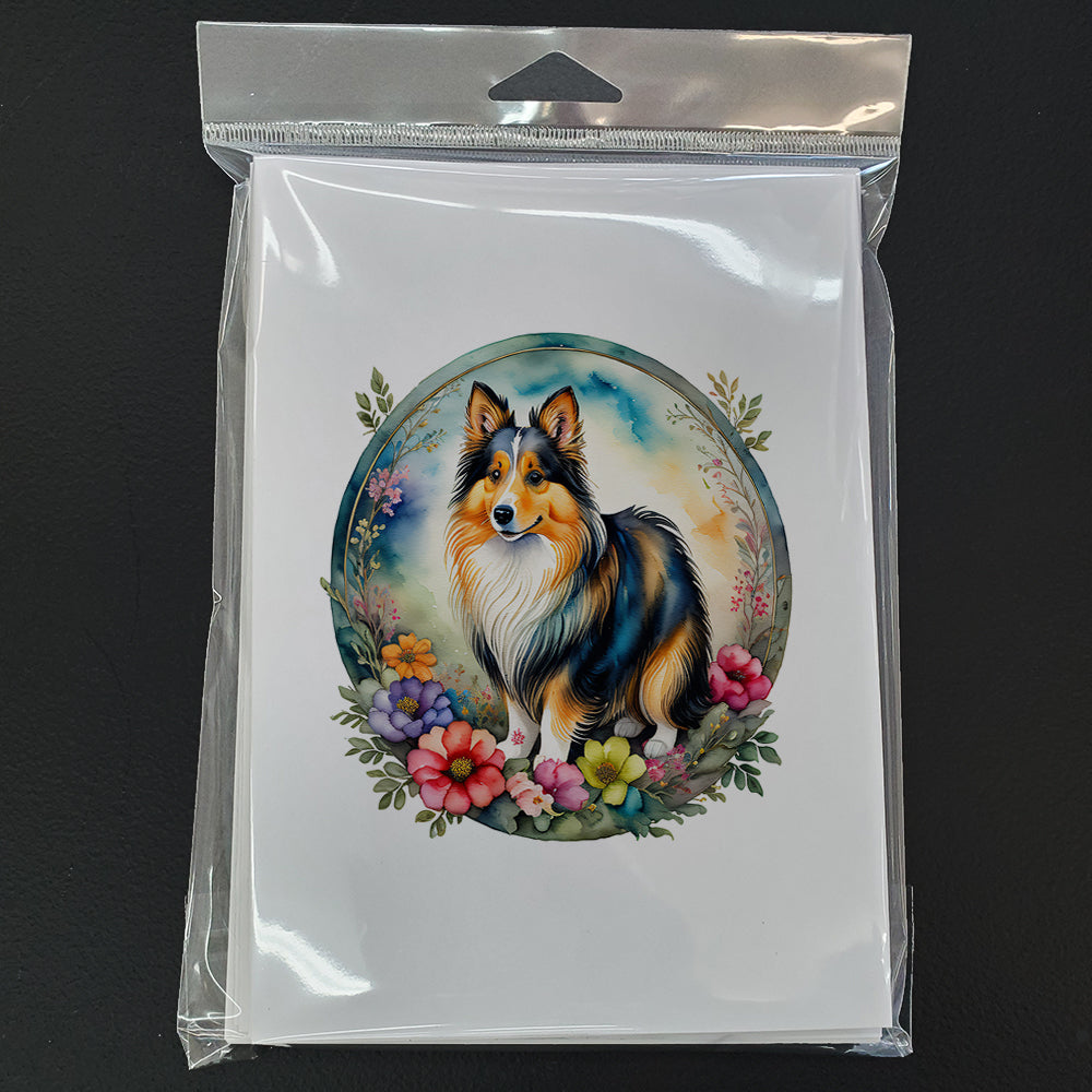Sheltie and Flowers Greeting Cards and Envelopes Pack of 8