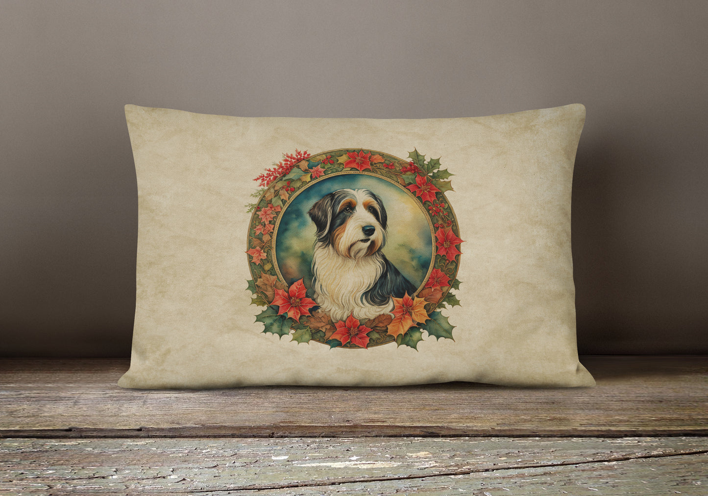 Bearded Collie Christmas Flowers Throw Pillow
