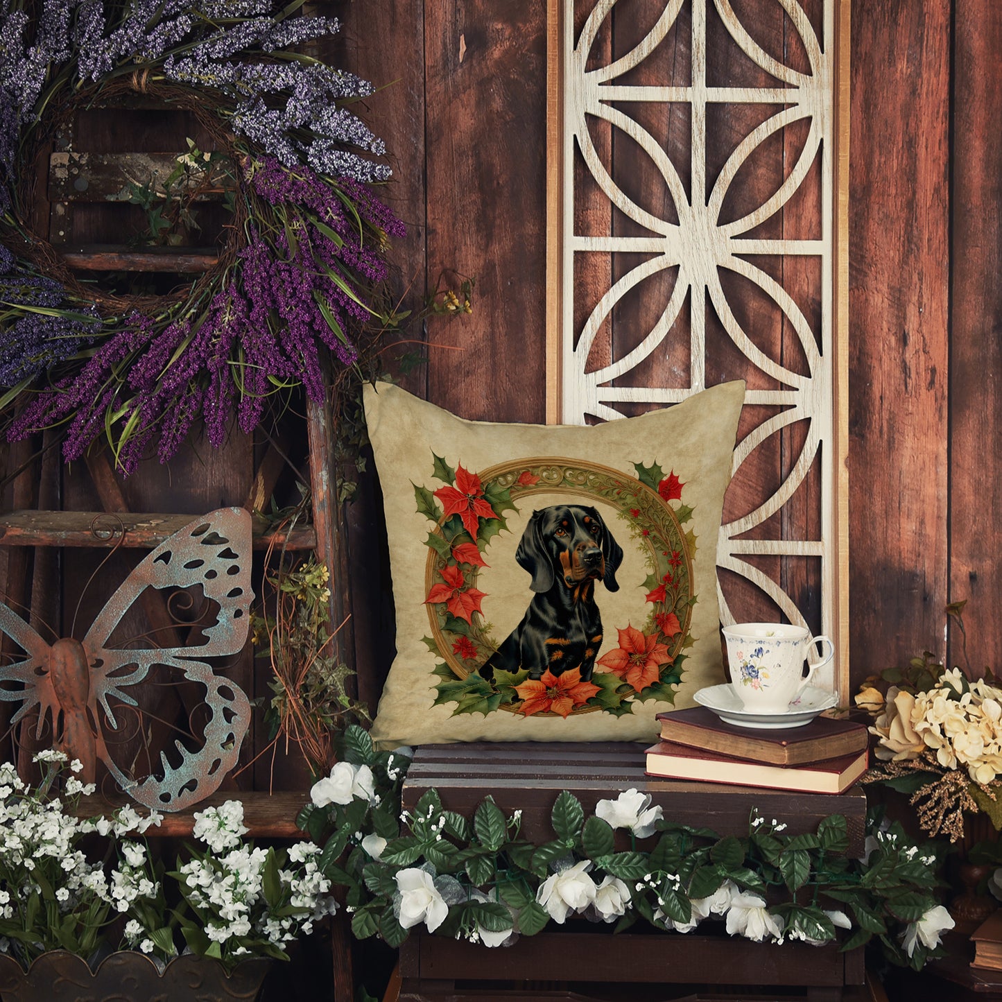 Black and Tan Coonhound Christmas Flowers Throw Pillow