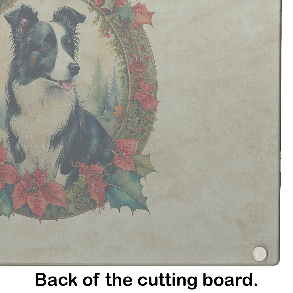 Border Collie Christmas Flowers Glass Cutting Board