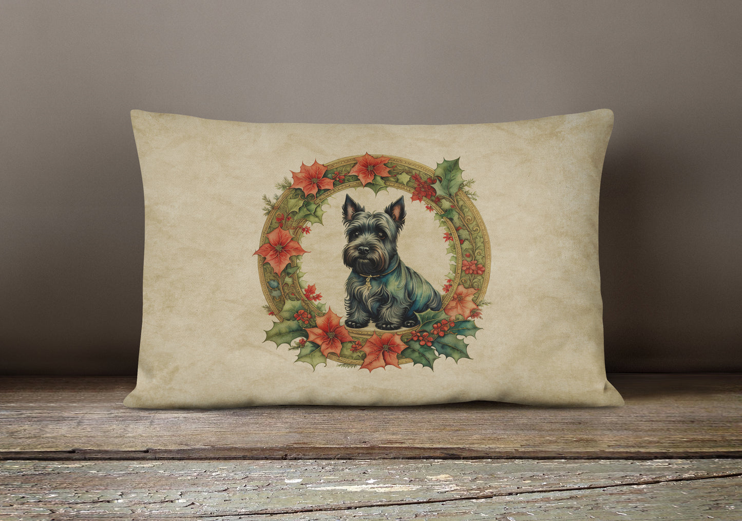 Scottish Terrier Christmas Flowers Throw Pillow