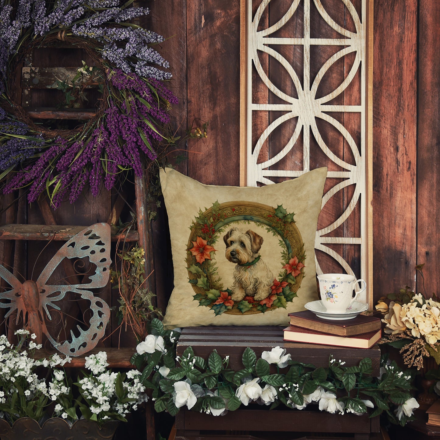 Sealyham Terrier Christmas Flowers Throw Pillow