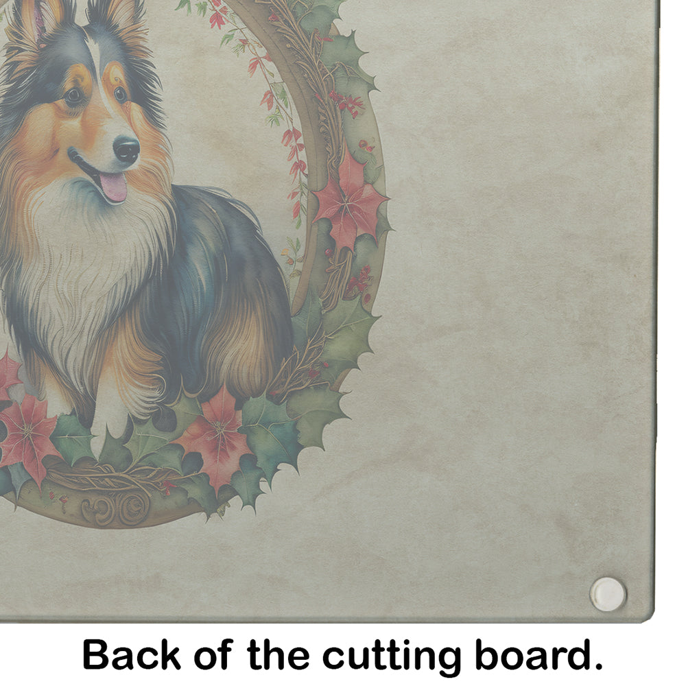 Sheltie Christmas Flowers Glass Cutting Board