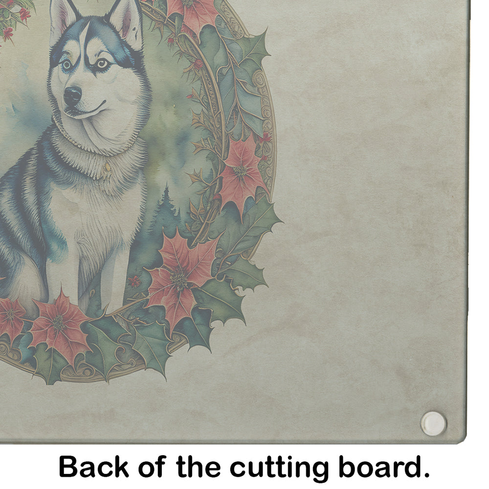 Siberian Husky Christmas Flowers Glass Cutting Board