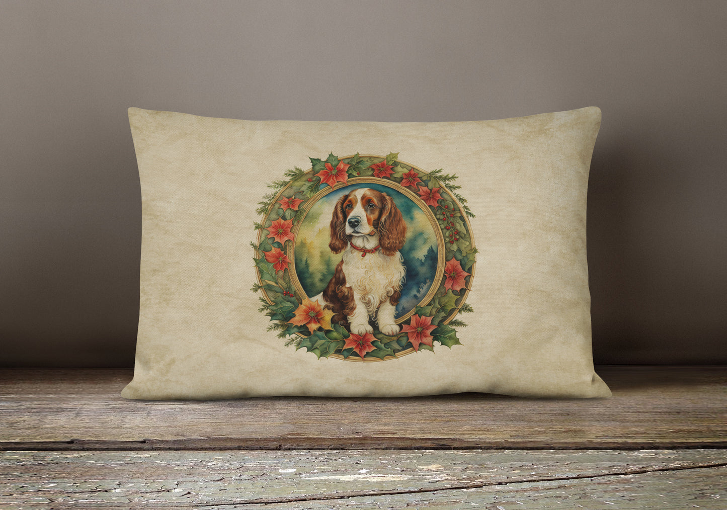 Welsh Springer Spaniel Christmas Flowers Throw Pillow