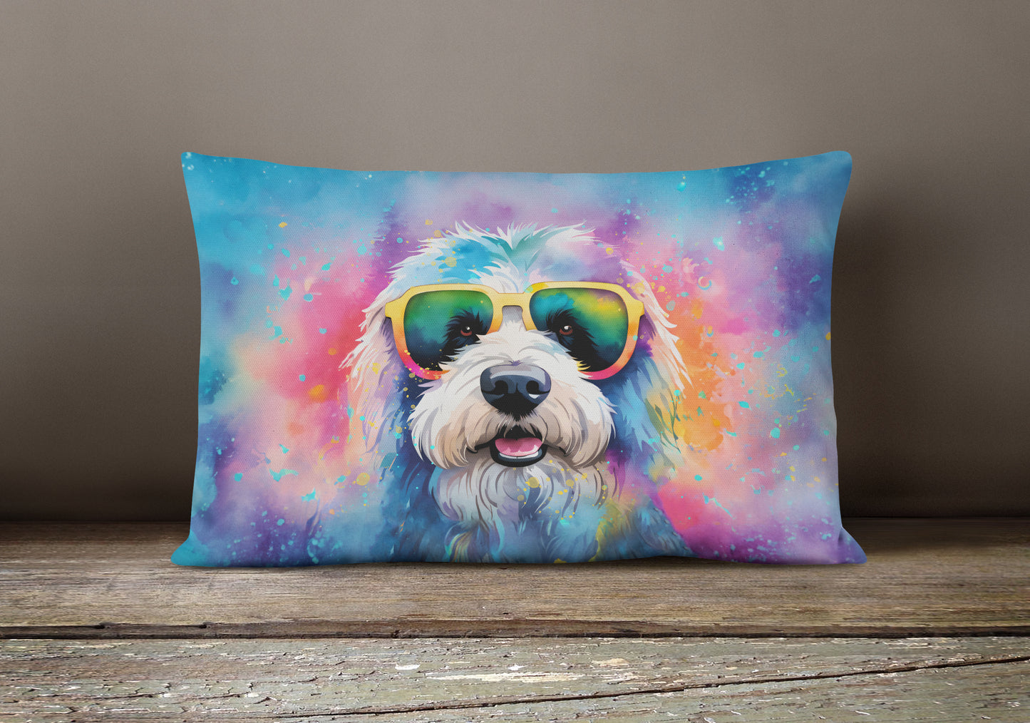 Old English Sheepdog Hippie Dawg Throw Pillow