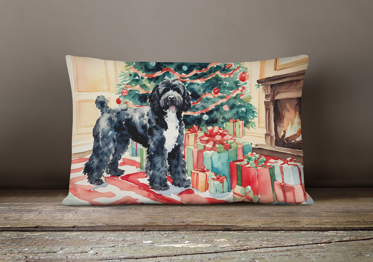 Portuguese Water Dog Cozy Christmas Throw Pillow