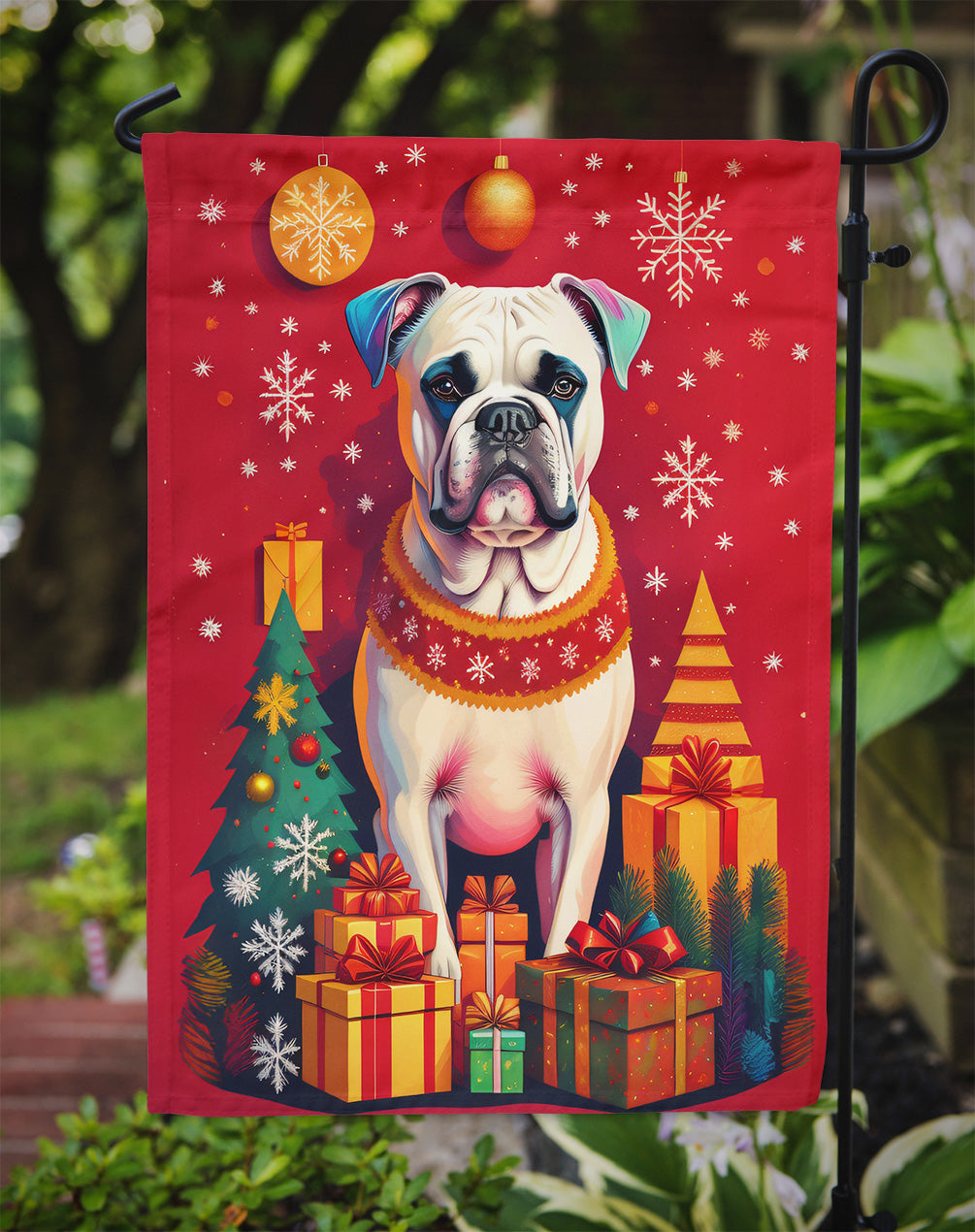 White Boxer Holiday Christmas Garden Flag