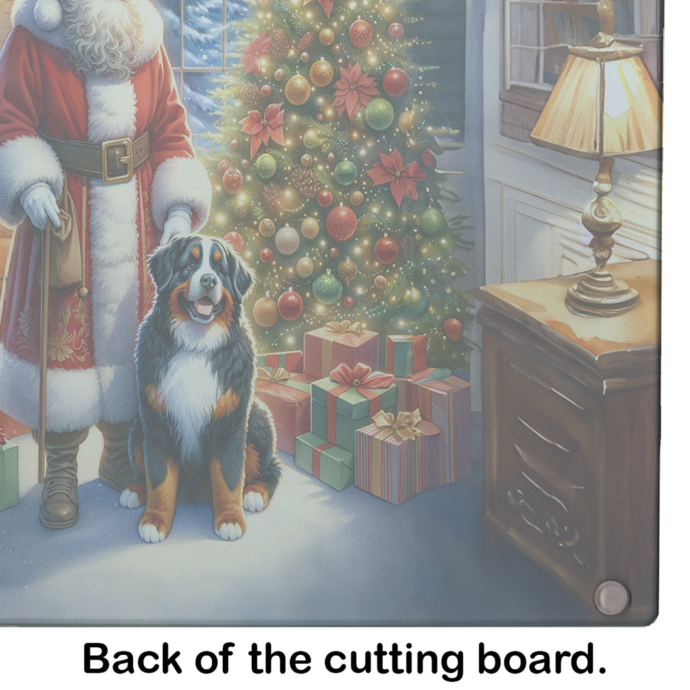 Bernese Mountain Dog and Santa Claus Glass Cutting Board