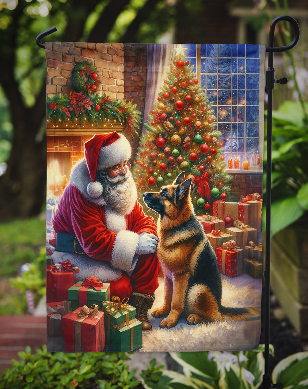 German Shepherd and Santa Claus Garden Flag