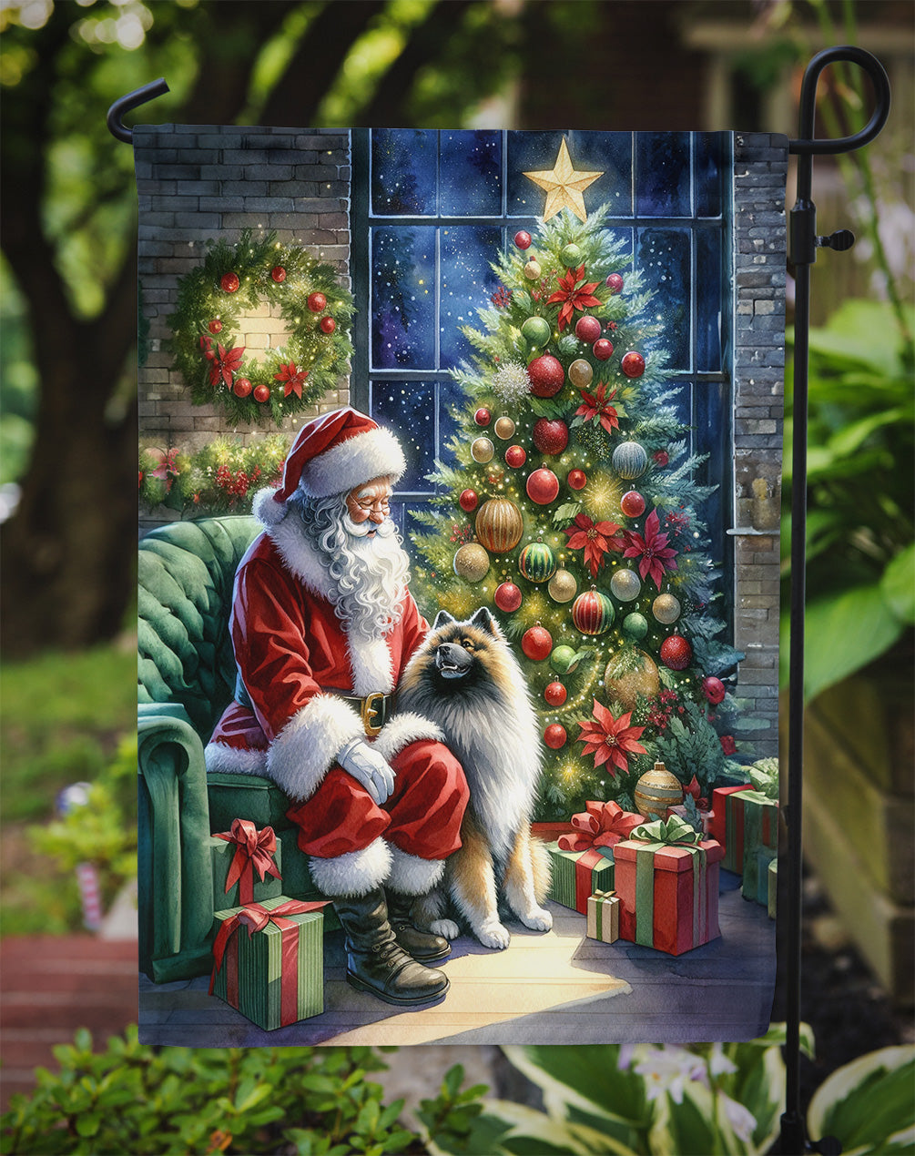 Keeshond and Santa Claus Garden Flag