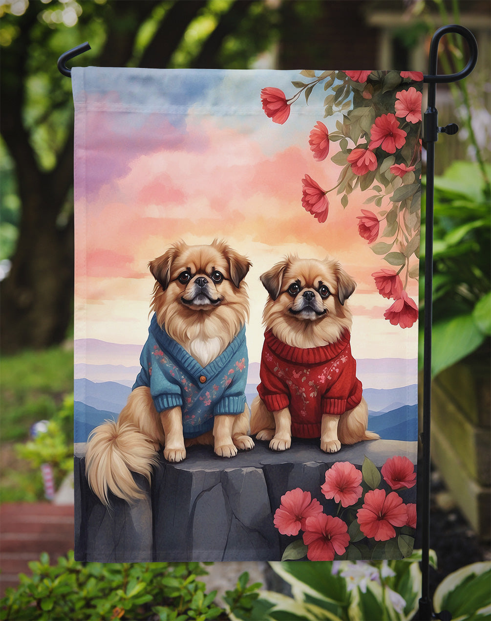 Pekingese Two Hearts Garden Flag