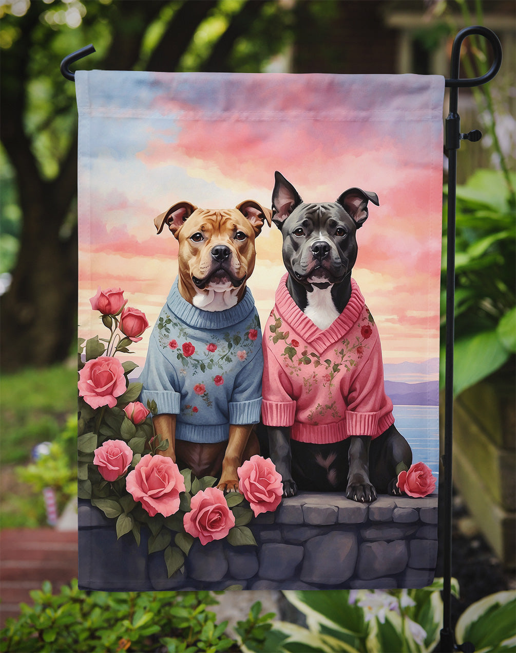 Staffordshire Bull Terrier Two Hearts Garden Flag