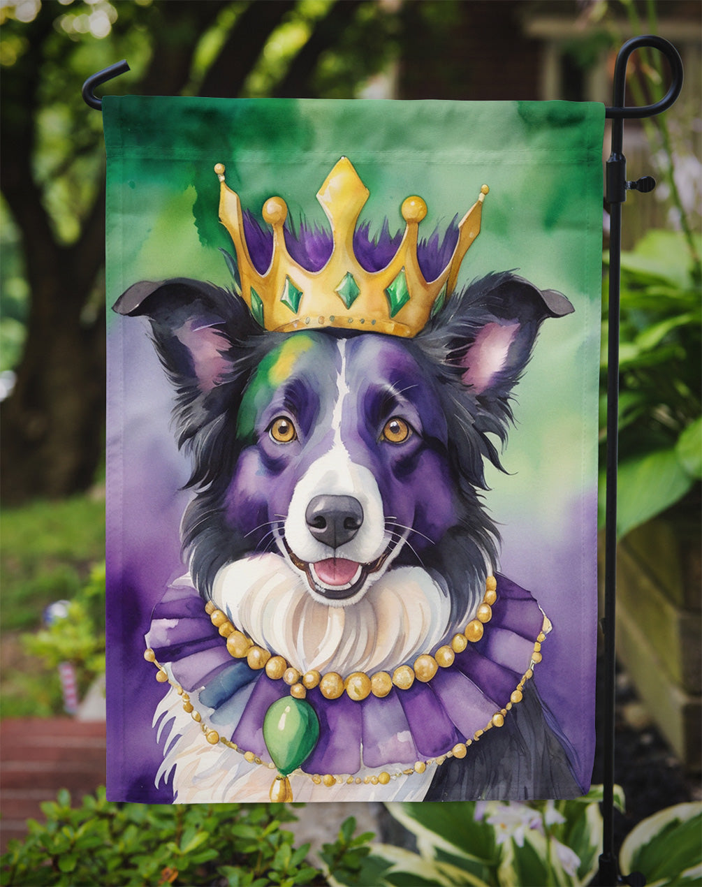 Border Collie King of Mardi Gras Garden Flag