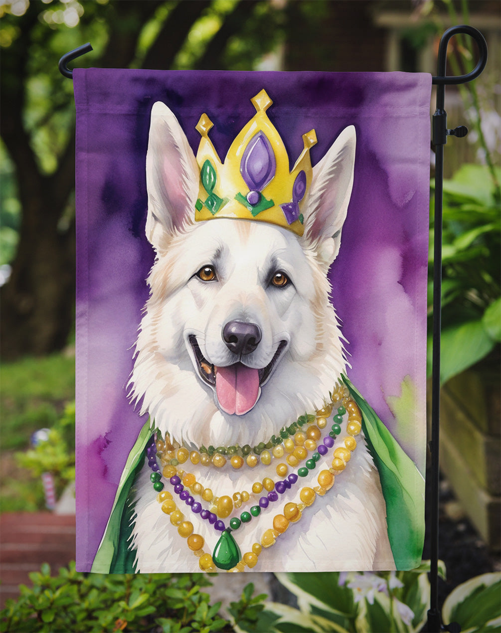 White German Shepherd King of Mardi Gras Garden Flag