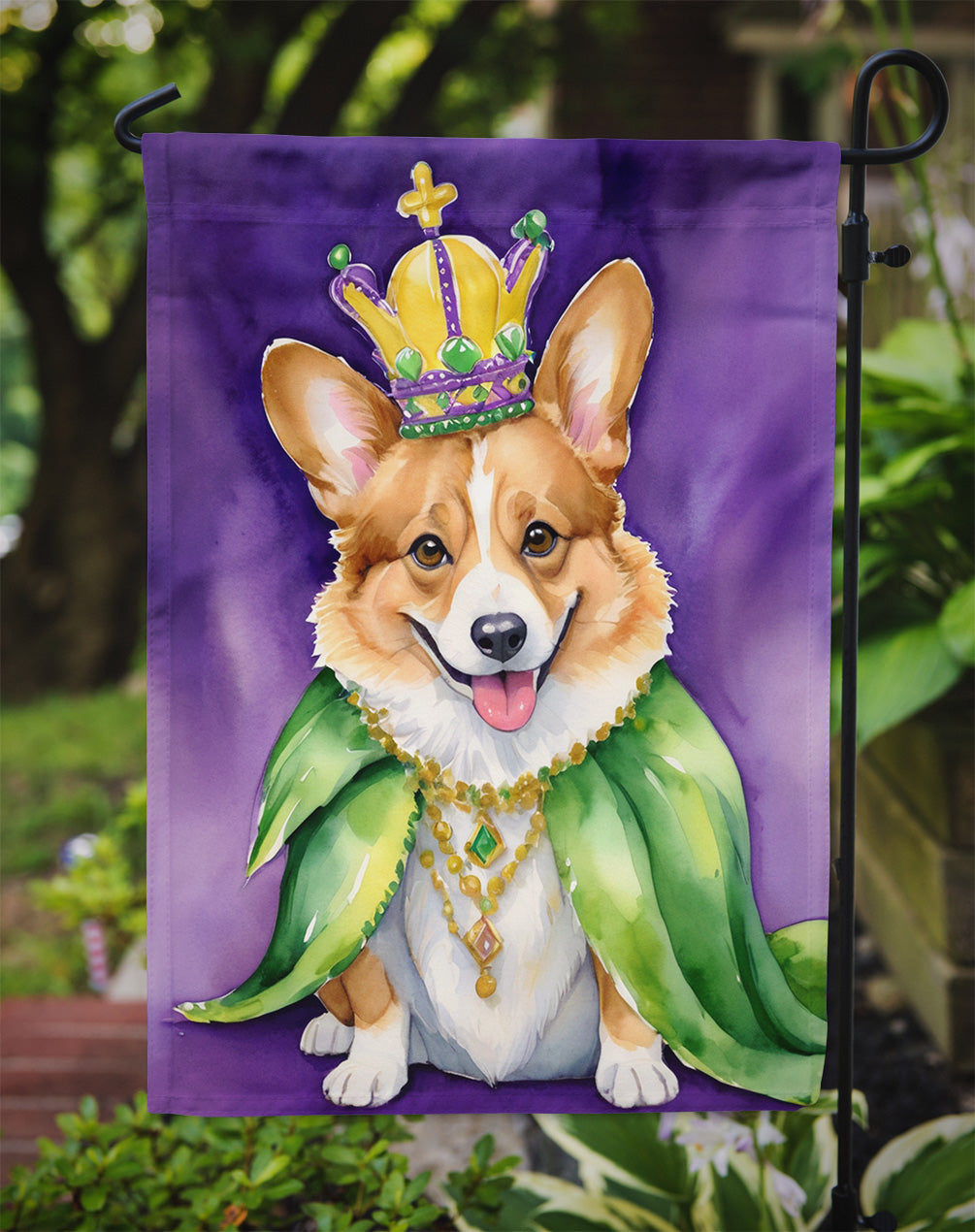 Corgi King of Mardi Gras Garden Flag