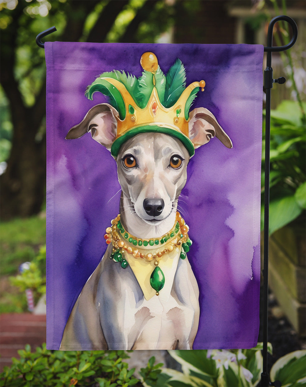 Whippet King of Mardi Gras Garden Flag