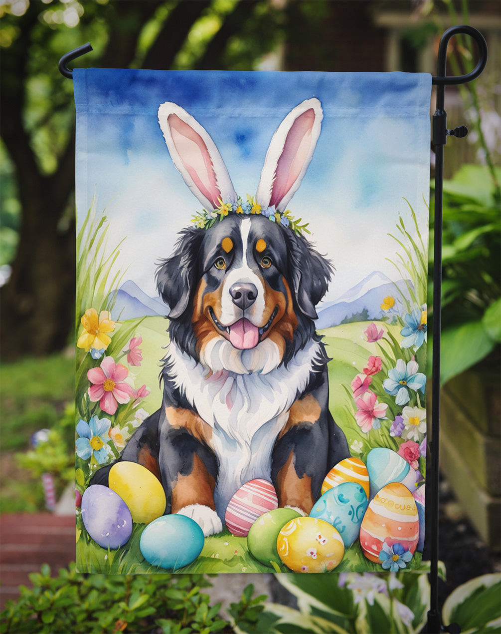 Bernese Mountain Dog Easter Egg Hunt Garden Flag