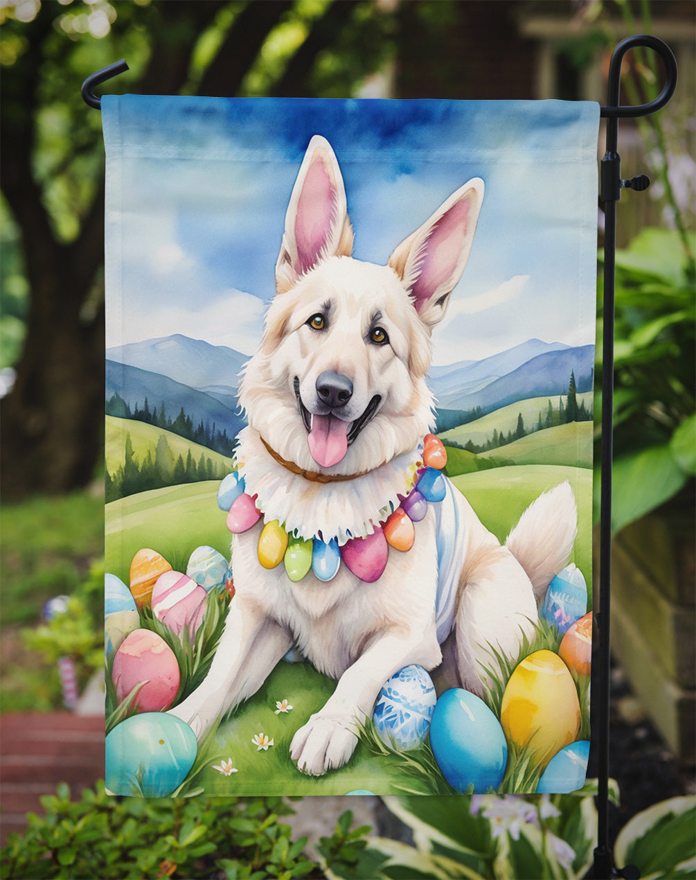 White German Shepherd Easter Egg Hunt Garden Flag