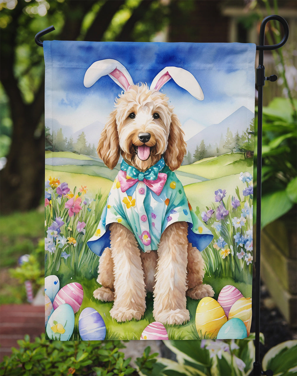 Goldendoodle Easter Egg Hunt Garden Flag