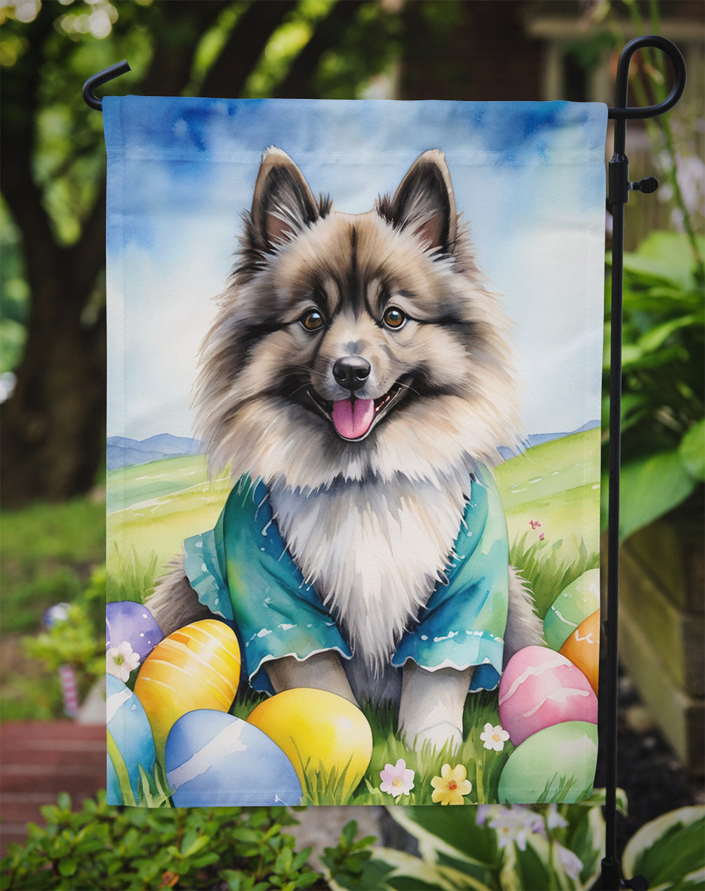 Keeshond Easter Egg Hunt Garden Flag