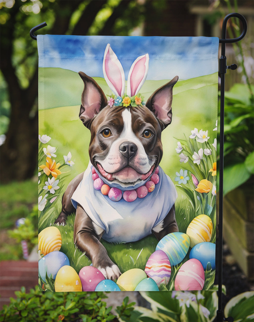 Staffordshire Bull Terrier Easter Egg Hunt Garden Flag