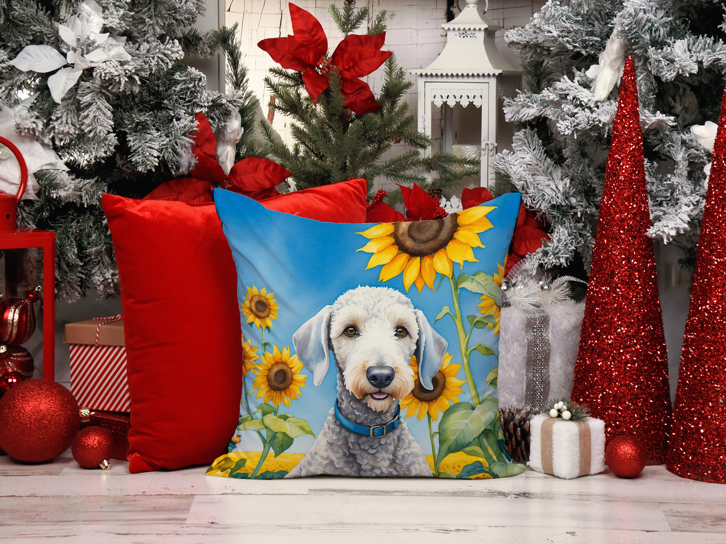 Bedlington Terrier in Sunflowers Throw Pillow