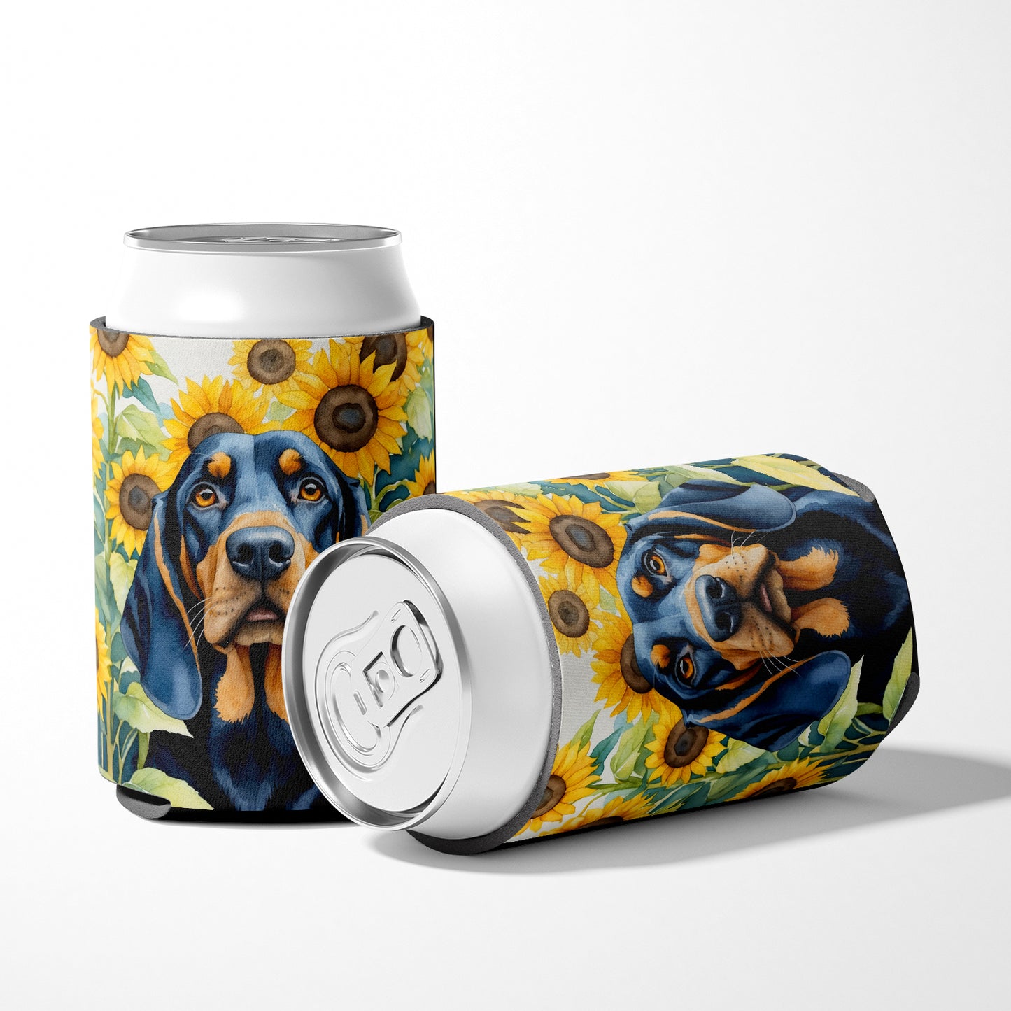 Black and Tan Coonhound in Sunflowers Can or Bottle Hugger