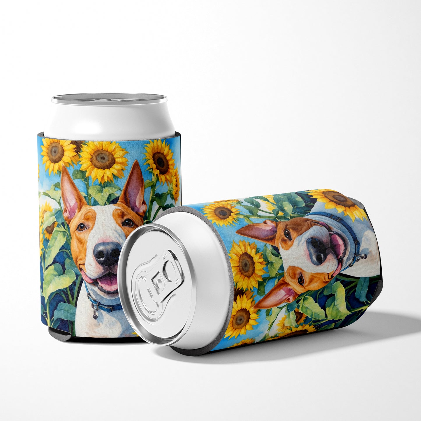 English Bull Terrier in Sunflowers Can or Bottle Hugger