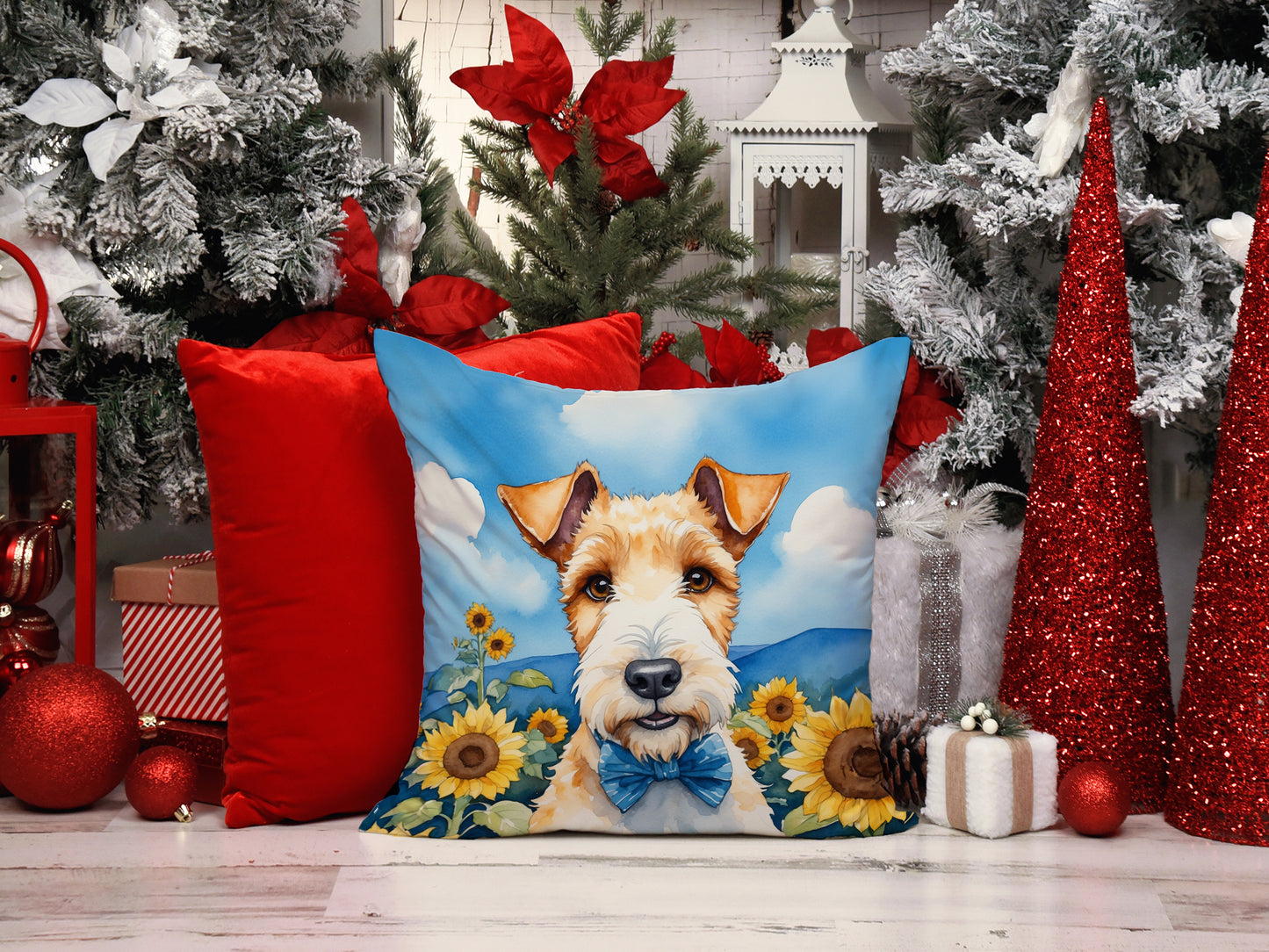 Fox Terrier in Sunflowers Throw Pillow