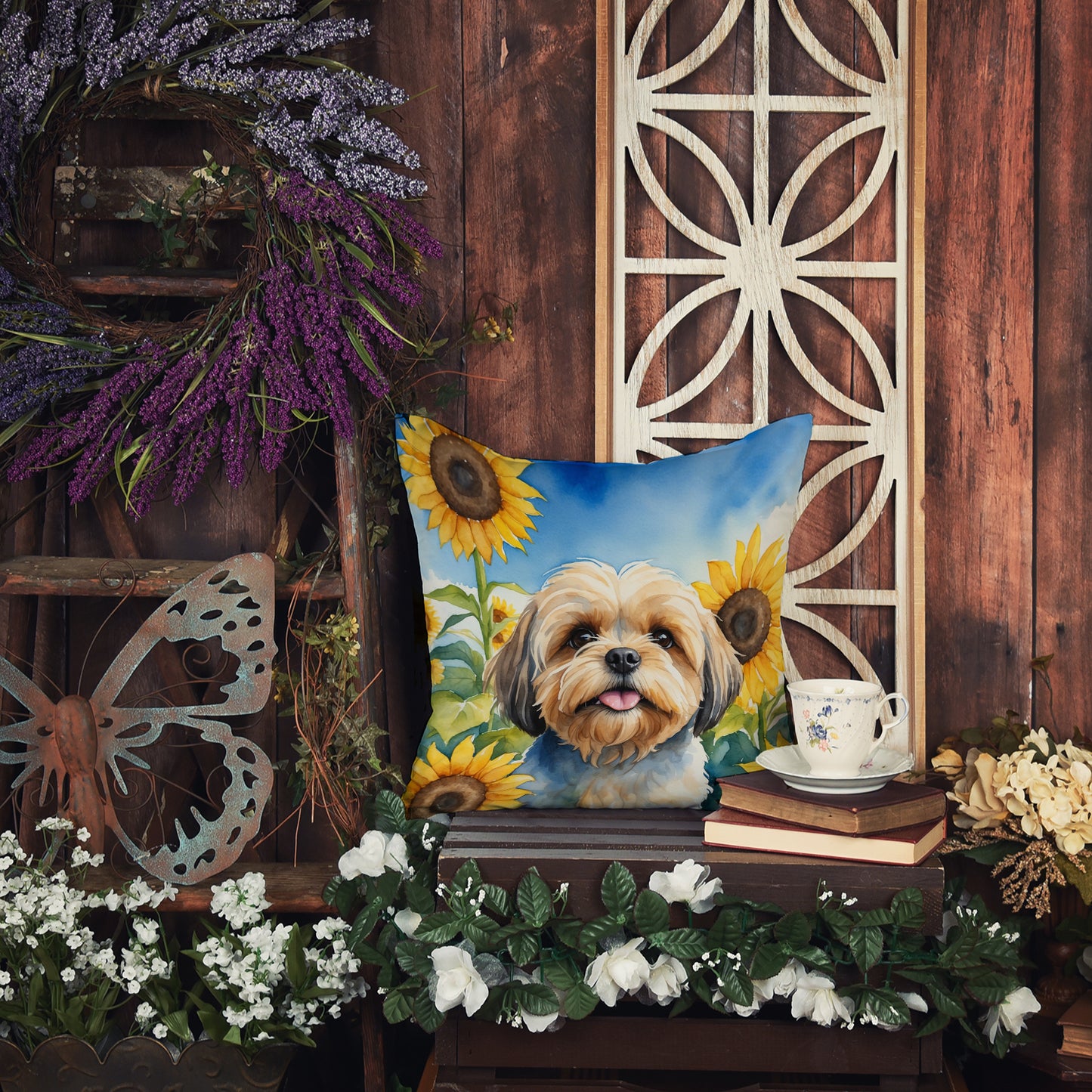 Lhasa Apso in Sunflowers Throw Pillow