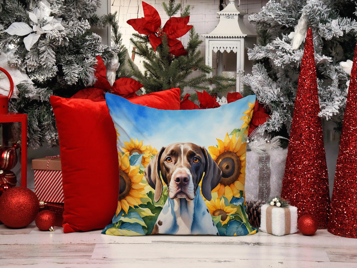 Pointer in Sunflowers Throw Pillow