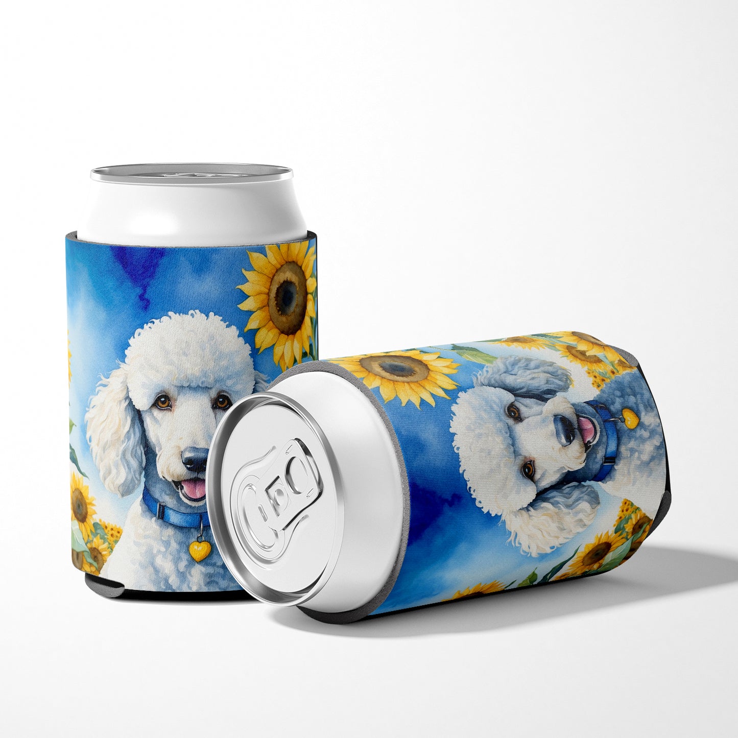 White Poodle in Sunflowers Can or Bottle Hugger