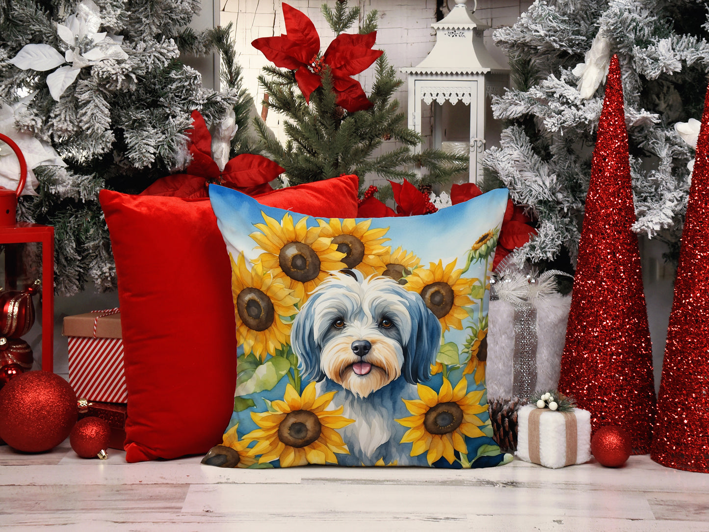 Tibetan Terrier in Sunflowers Throw Pillow