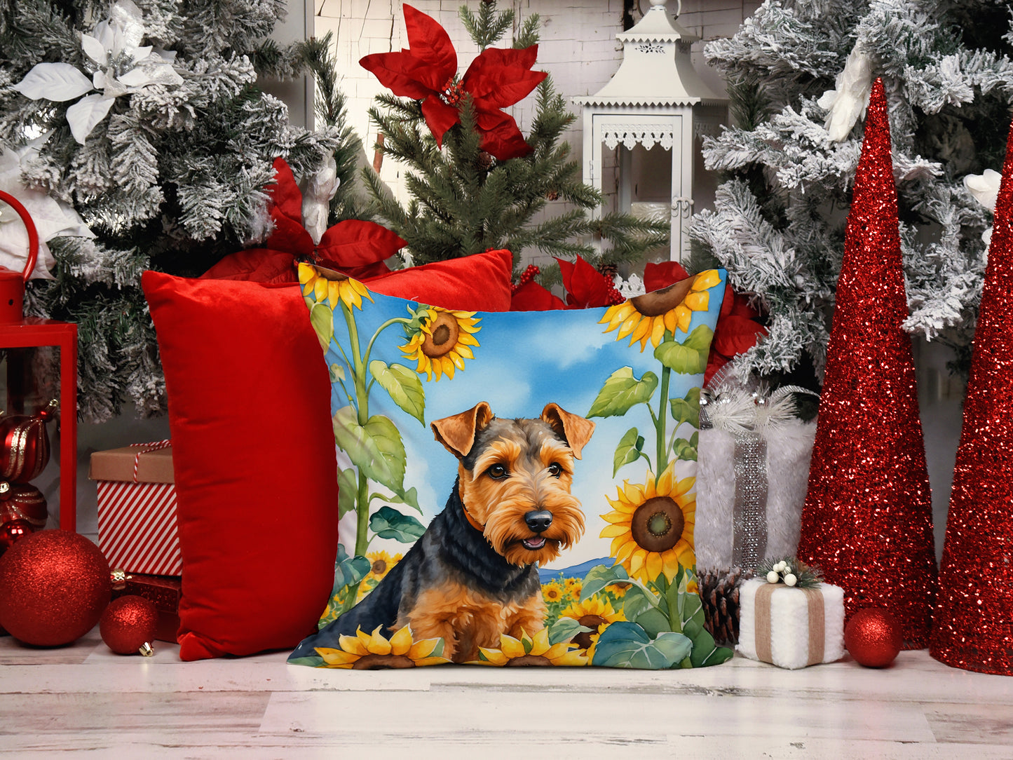 Welsh Terrier in Sunflowers Throw Pillow