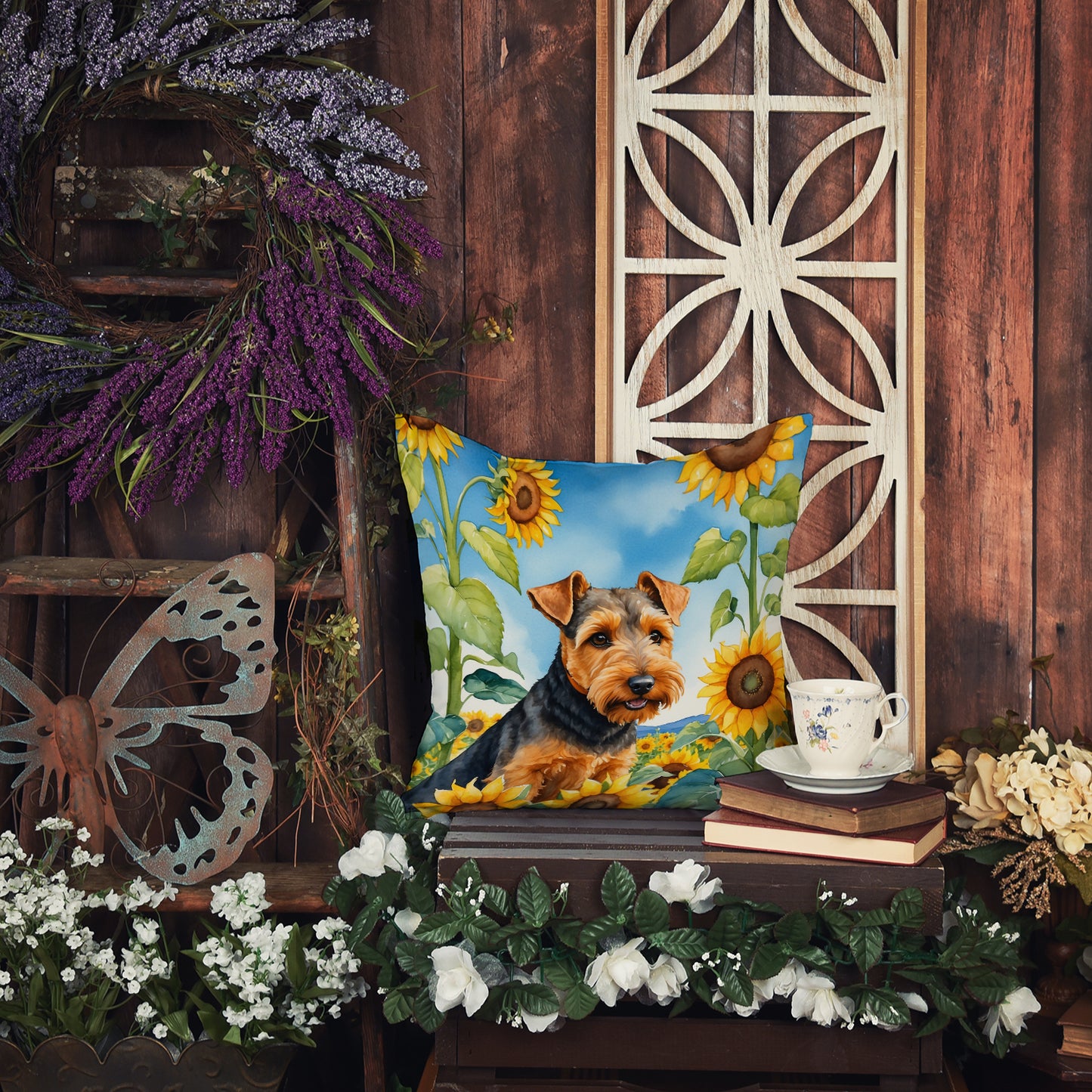 Welsh Terrier in Sunflowers Throw Pillow