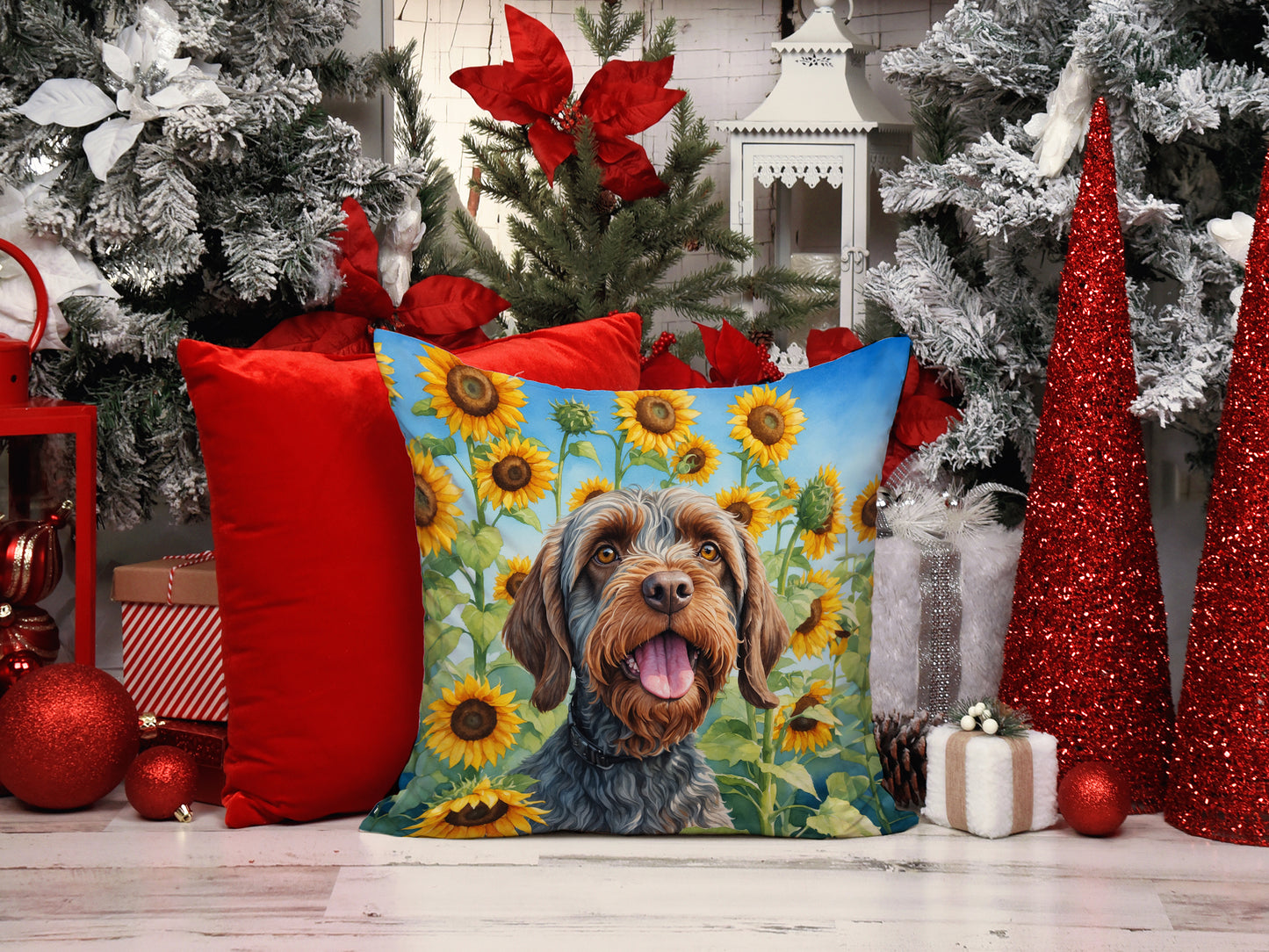 Wirehaired Pointing Griffon in Sunflowers Throw Pillow