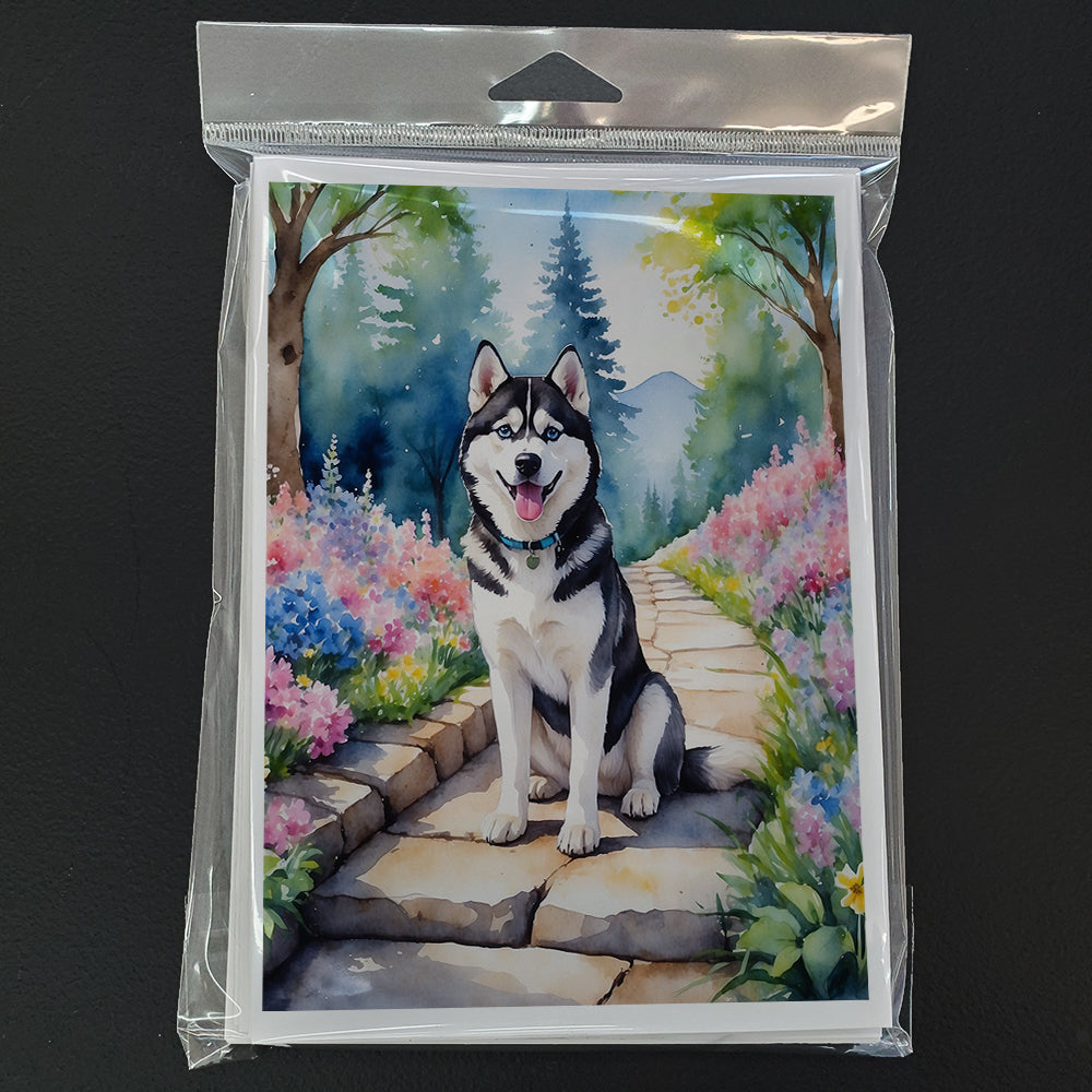 Siberian Husky Spring Path Greeting Cards Pack of 8