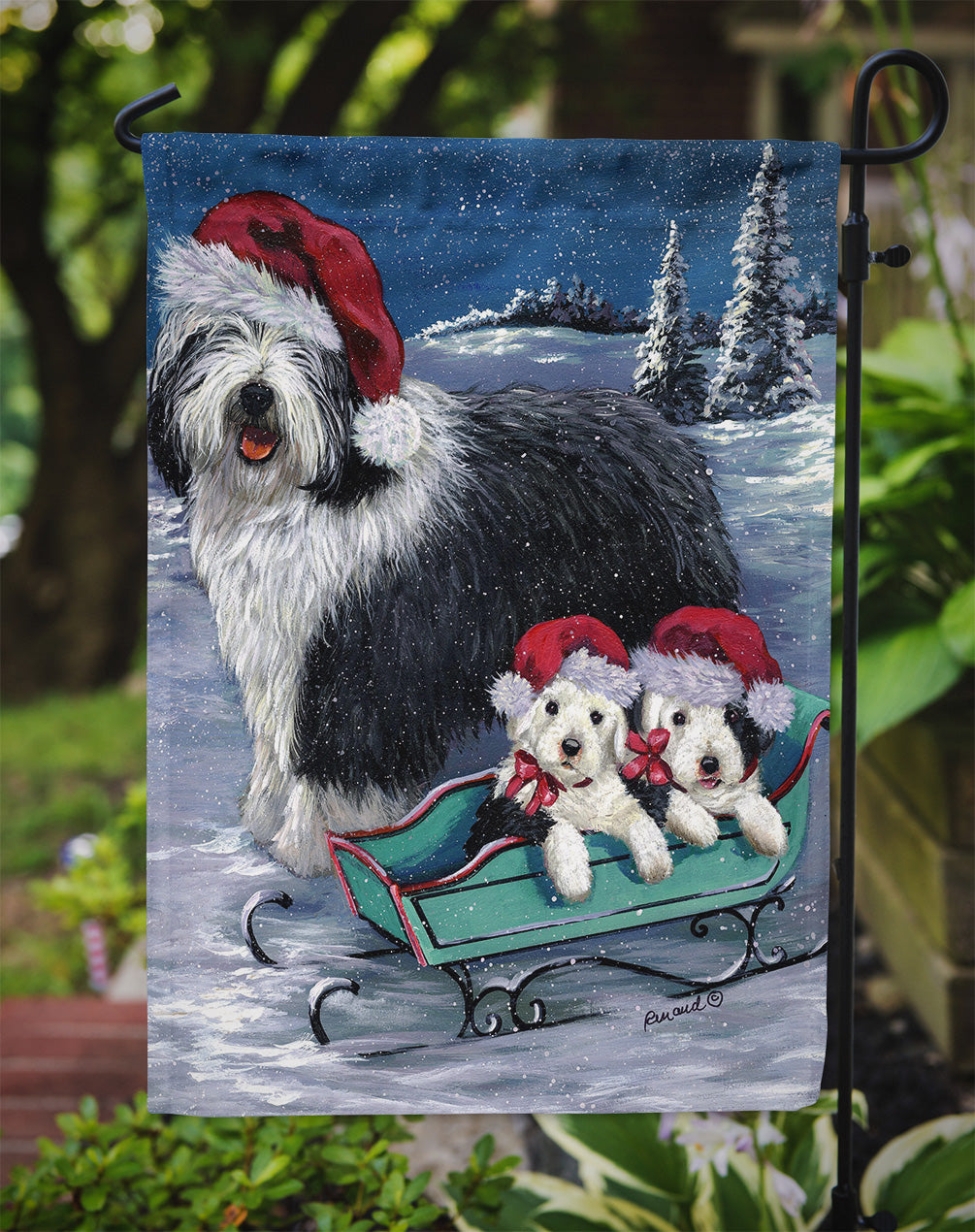 Old English Sheepdog Christmas Snow Flag Garden Size PPP3120GF