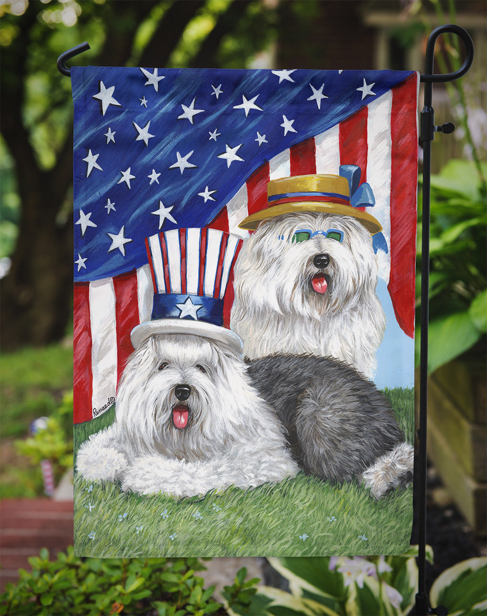 Old English Sheepdog USA Flag Garden Size PPP3121GF