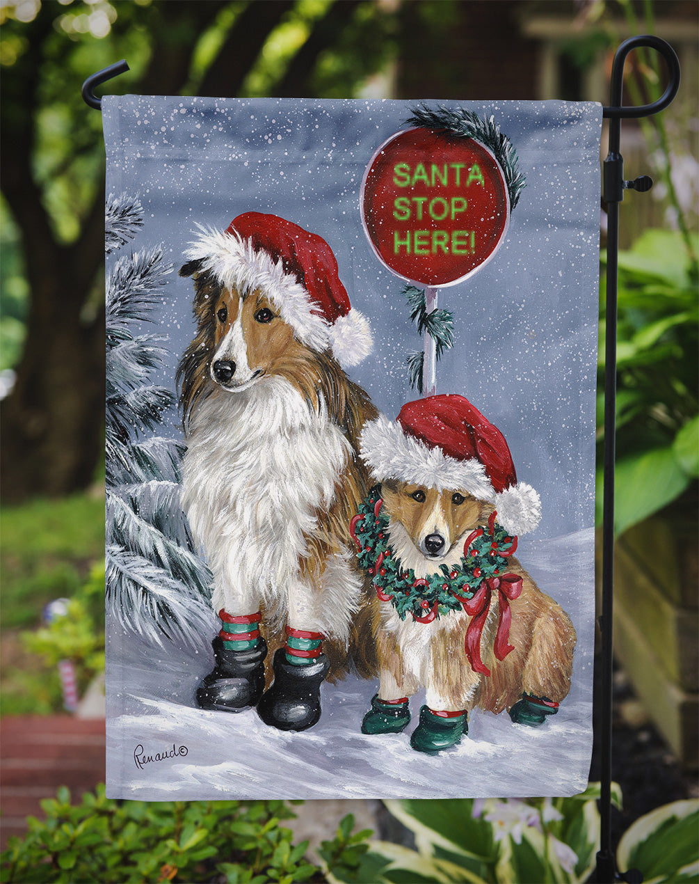 Sheltie Christmas Santa Stop Flag Garden Size PPP3188GF