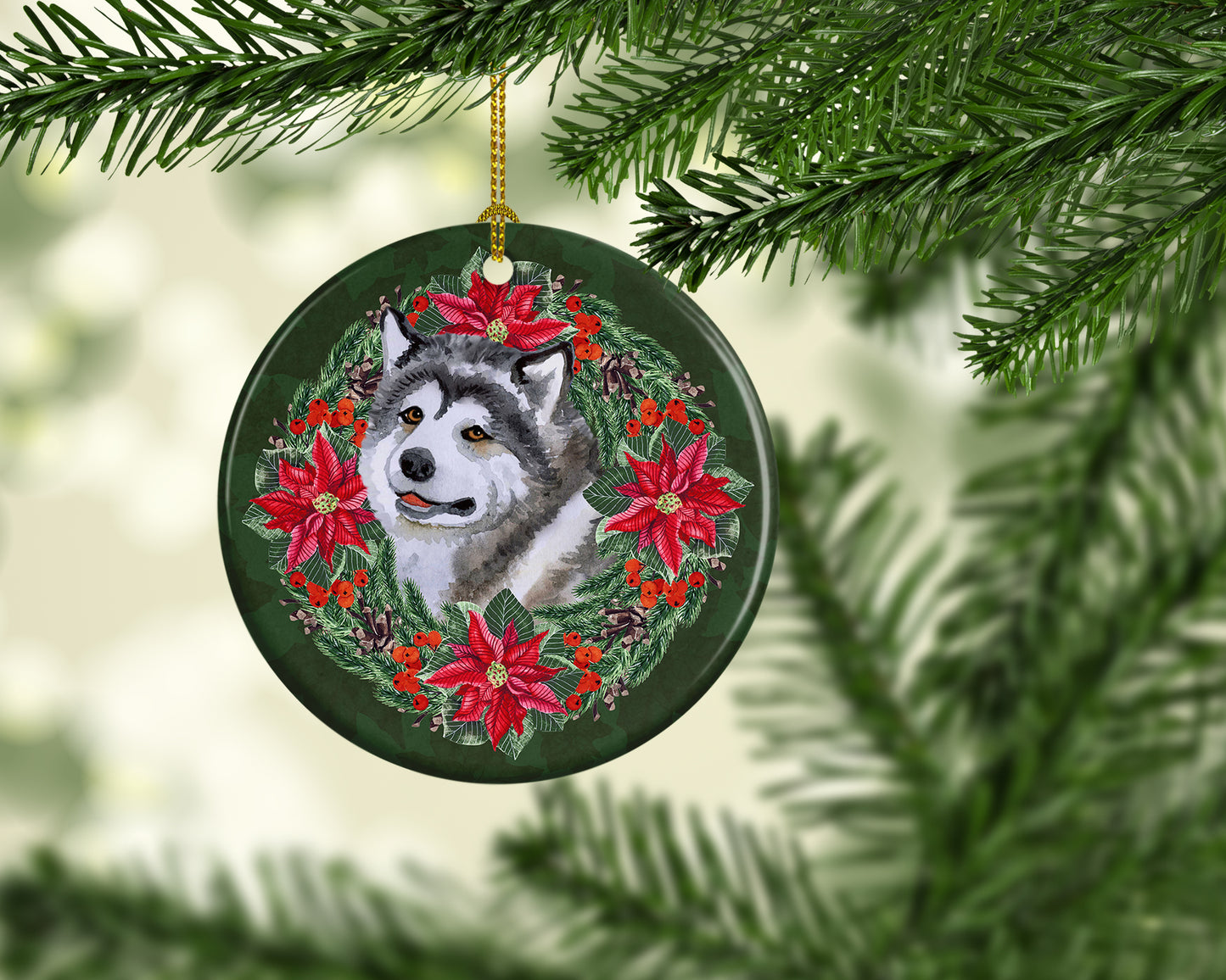 Alaskan Malamute Poinsetta Wreath Ceramic Ornament