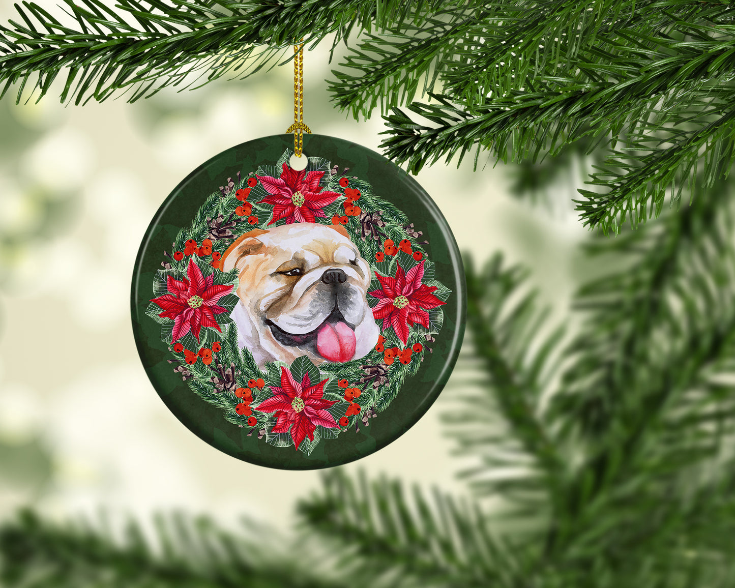 English Bulldog Poinsetta Wreath Ceramic Ornament