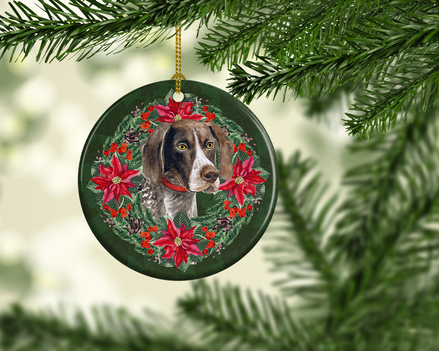 German Shorthaired Pointer Poinsetta Wreath Ceramic Ornament