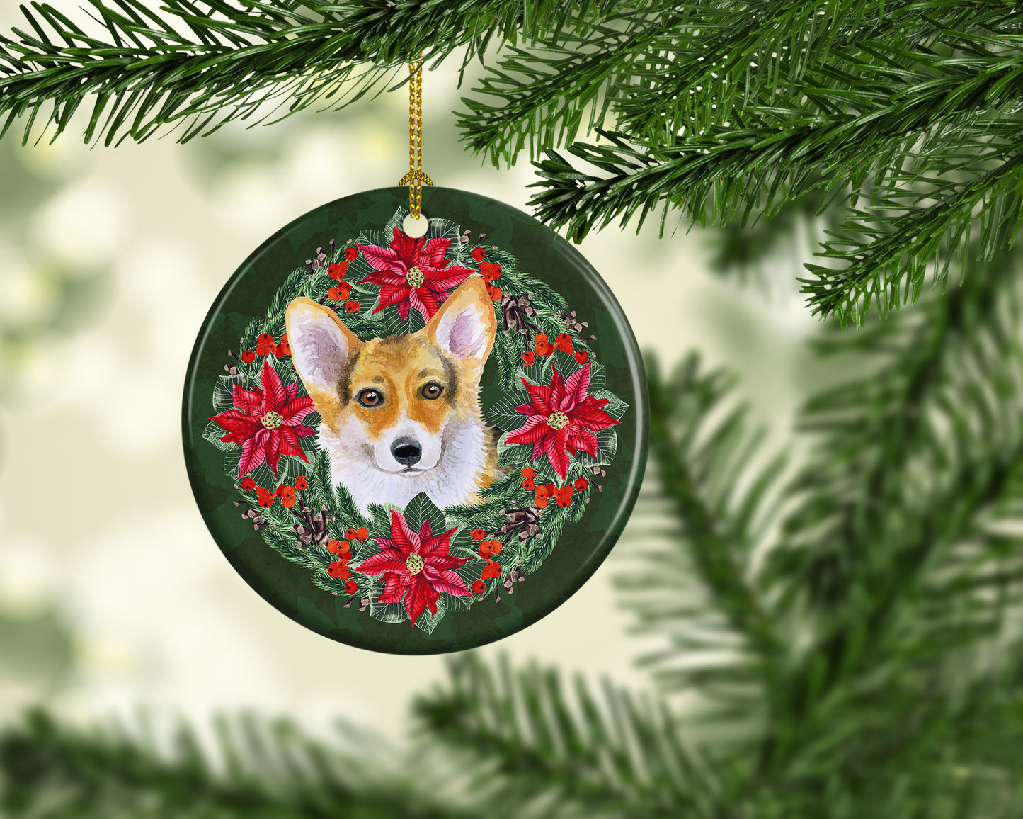 Pembroke Corgi Poinsetta Wreath Ceramic Ornament