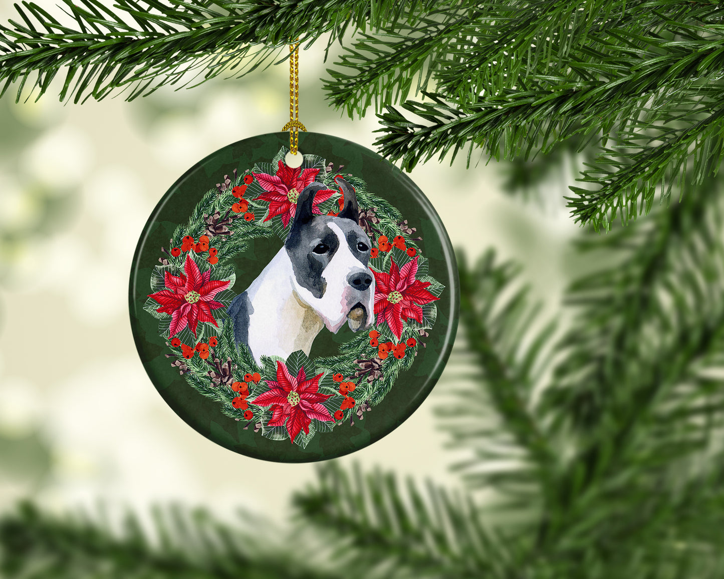 Harlequin Great Dane Poinsetta Wreath Ceramic Ornament