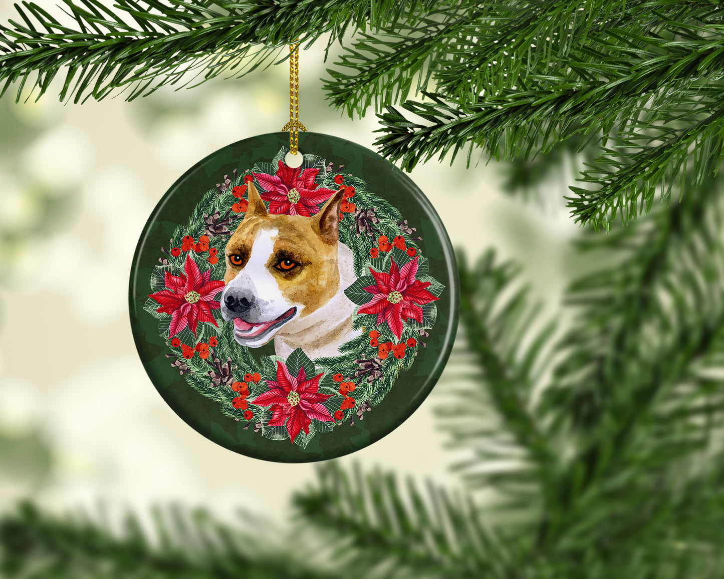 American Staffordshire Poinsetta Wreath Ceramic Ornament