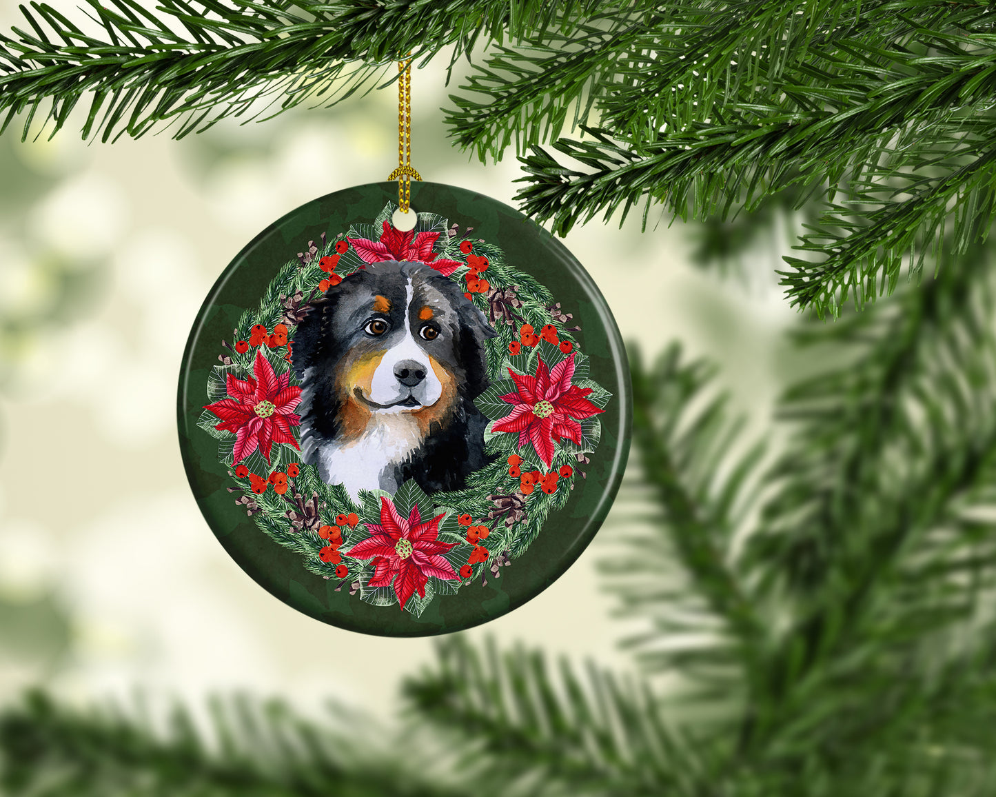 Bernese Mountain Dog Poinsetta Wreath Ceramic Ornament
